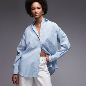 ASOS Design Oversized Button Front Collared Shirt Blue Stripe US 6 Relaxed